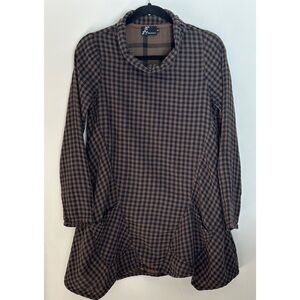 Fenini Brown Plaid Funnel Neck Cotton Tunic Top S Asymmetrical Hem Long Sleeve